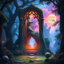 A fantastical background featuring a doorway in the middle of a lush forest