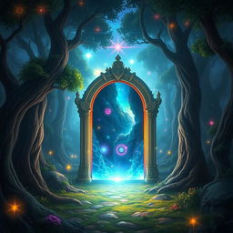 A fantastical background featuring a doorway in the middle of a lush forest