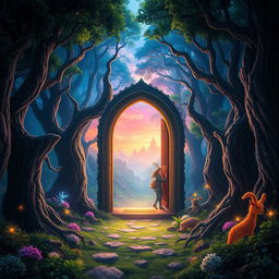 A fantastical background featuring a doorway in the middle of a lush forest