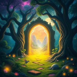 A fantastical background featuring a doorway in the middle of a lush forest