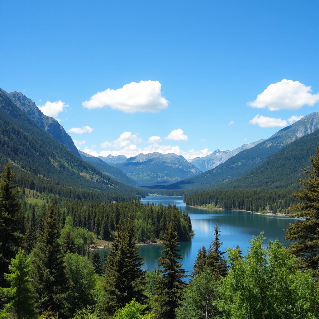 Create an image of a beautiful landscape featuring a serene lake surrounded by lush green trees and mountains in the background, under a clear blue sky with a few fluffy white clouds