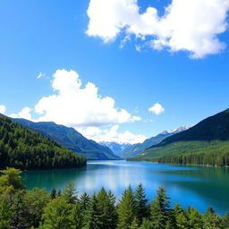 Create an image of a beautiful landscape featuring a serene lake surrounded by lush green trees and mountains in the background, under a clear blue sky with a few fluffy white clouds