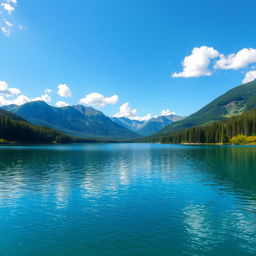 Create an image of a beautiful landscape featuring a serene lake surrounded by lush green trees and mountains in the background, under a clear blue sky with a few fluffy white clouds