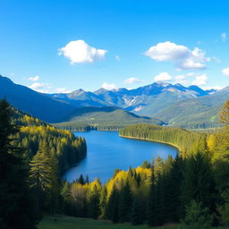 Create an image of a beautiful landscape featuring a serene lake surrounded by lush green trees and mountains in the background, under a clear blue sky with a few fluffy white clouds