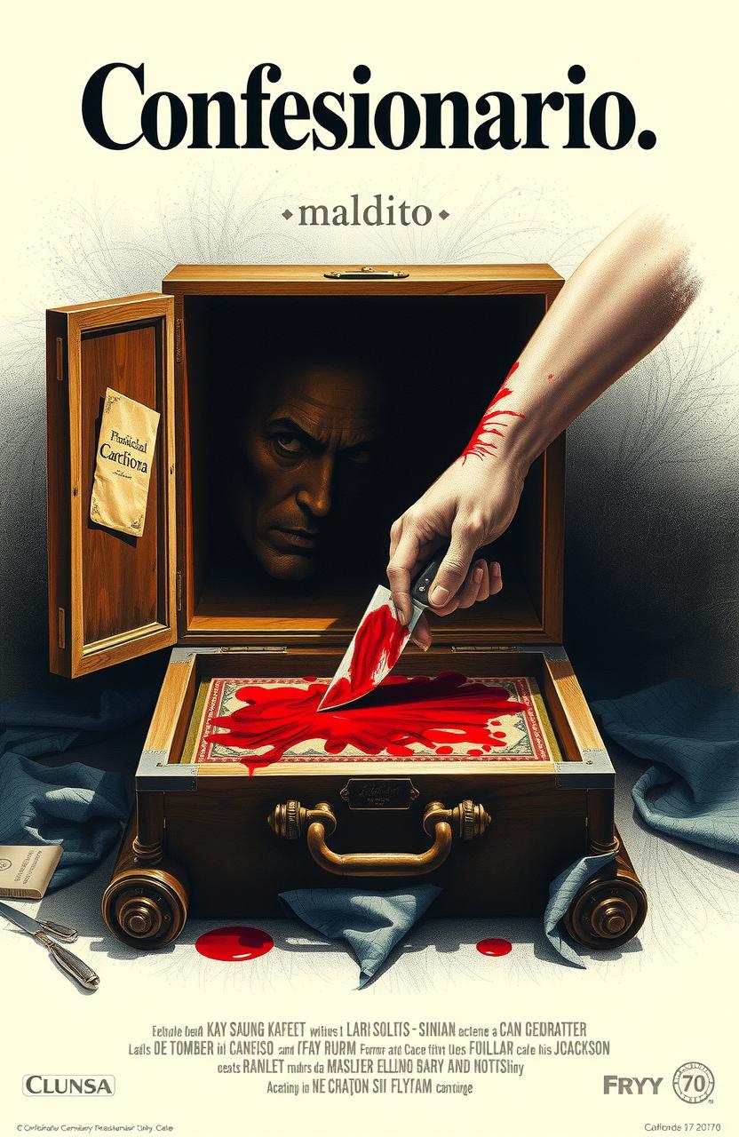 Póster de película de terror de los años 70 titulado 'Confesionario maldito' con un confesionario oscuro, una mano esquelética que sostiene un cuchillo ensangrentado, y detalles góticos y sombríos