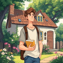 An illustration of a tall young man holding a book, standing in front of a quaint cottage