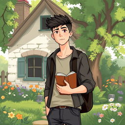 An illustration of a tall young man holding a book, standing in front of a quaint cottage