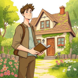 An illustration of a tall young man holding a book, standing in front of a quaint cottage