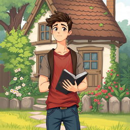 An illustration of a tall young man holding a book, standing in front of a quaint cottage