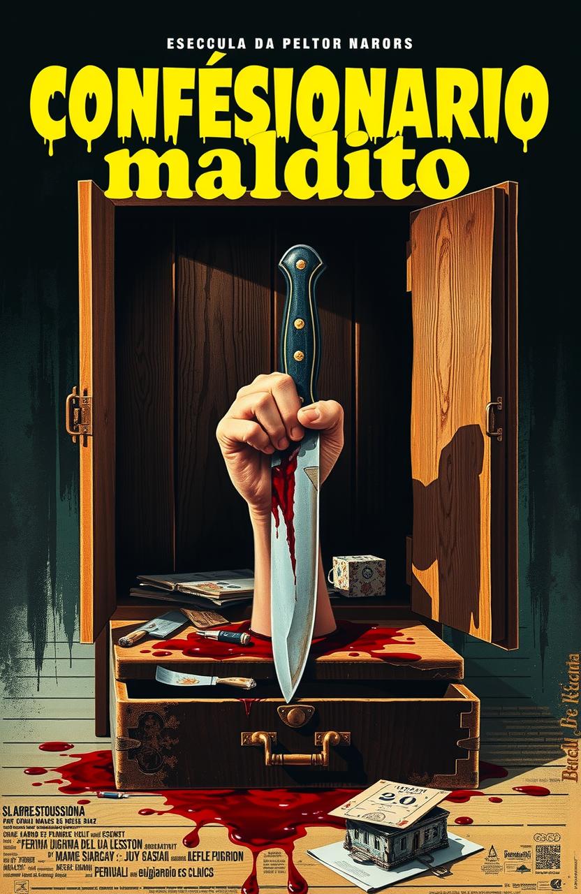 Póster de película de terror española de los años 70 titulada 'Confesionario maldito', con un confesionario destrozado del que sale una mano sosteniendo un cuchillo manchado de sangre