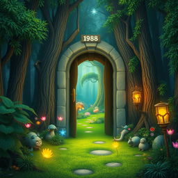 A fantastical background featuring a regular door in the middle of a dense forest, set in 1988