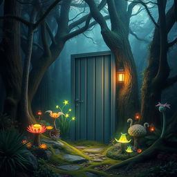 A fantastical background featuring a regular door in the middle of a dense forest, set in 1988