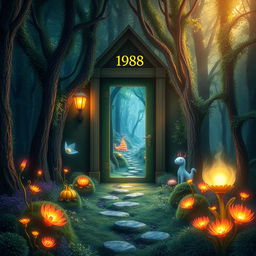 A fantastical background featuring a regular door in the middle of a dense forest, set in 1988