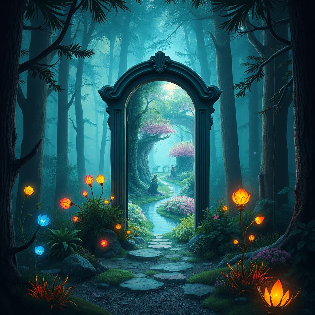 A fantastical background featuring a regular door in the middle of a dense forest, set in 1988