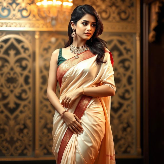 A beautiful woman wearing an elegant saree, standing in a graceful pose