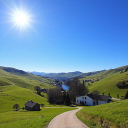 A serene landscape featuring a clear blue sky, rolling green hills, and a bright sun shining down