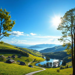 A serene landscape featuring a clear blue sky, rolling green hills, and a bright sun shining down