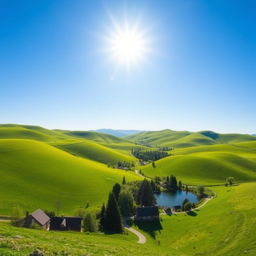 A serene landscape featuring a clear blue sky, rolling green hills, and a bright sun shining down