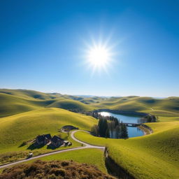 A serene landscape featuring a clear blue sky, rolling green hills, and a bright sun shining down