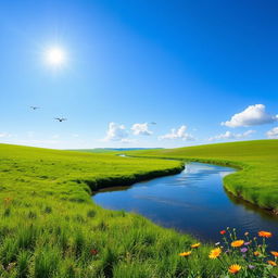 A serene landscape featuring a clear blue sky, lush green meadows, and a gentle river flowing through the scene