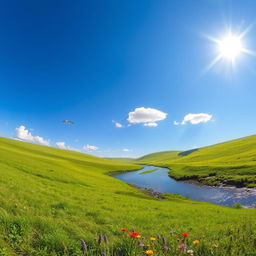 A serene landscape featuring a clear blue sky, lush green meadows, and a gentle river flowing through the scene