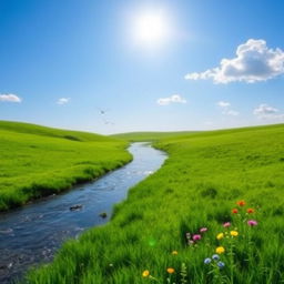 A serene landscape featuring a clear blue sky, lush green meadows, and a gentle river flowing through the scene