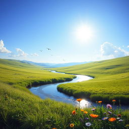 A serene landscape featuring a clear blue sky, lush green meadows, and a gentle river flowing through the scene