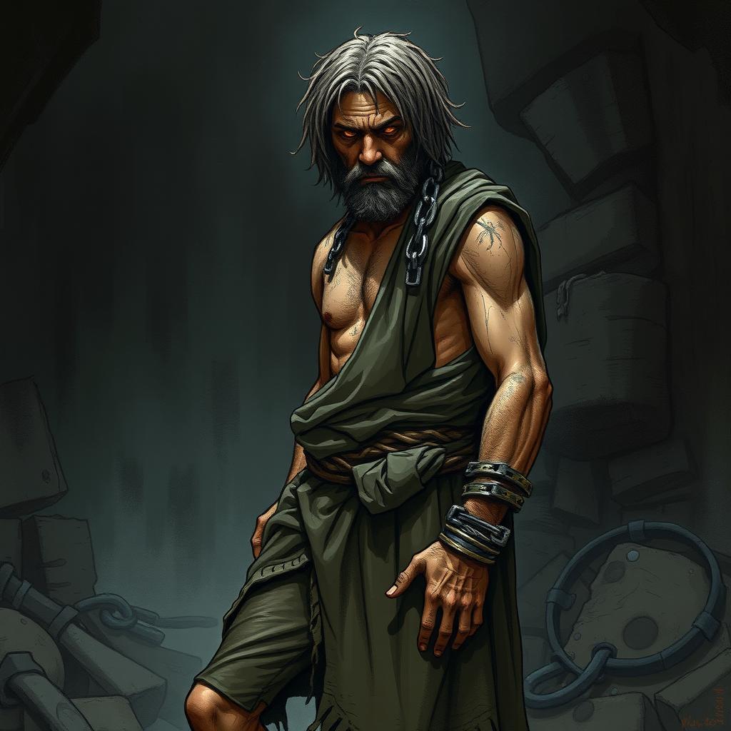 A detailed illustration of a human slave character from Dungeons and Dragons