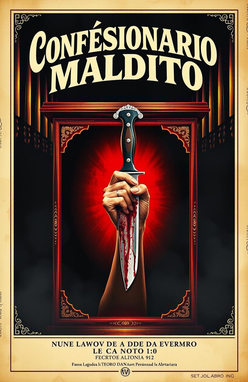 Póster retro de película de terror española de los años 70 titulado 'Confesionario maldito', mostrando un confesionario de madera del que sale una mano con un cuchillo manchado de sangre, en un estilo oscuro y siniestro