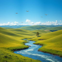 A serene landscape with a clear blue sky, rolling green hills, and a sparkling river flowing through the middle