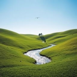 A serene landscape with a clear blue sky, rolling green hills, and a sparkling river flowing through the middle