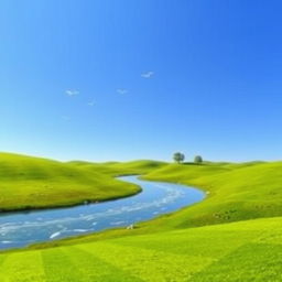 A serene landscape with a clear blue sky, rolling green hills, and a sparkling river flowing through the middle