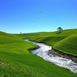 A serene landscape with a clear blue sky, rolling green hills, and a sparkling river flowing through the middle