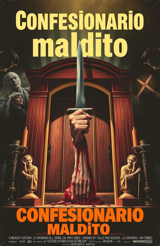 Póster retro de una película de terror española de los años 70 titulada "Confesionario maldito", con un enorme confesionario de madera iluminado por un rayo y una mano con un cuchillo manchado de sangre saliendo de su interior