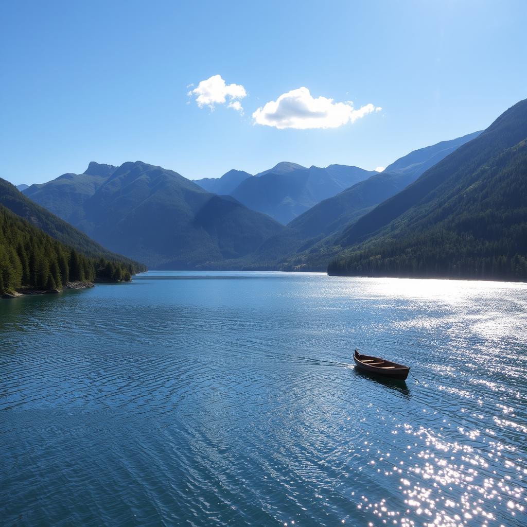 A beautiful landscape featuring a serene lake surrounded by lush green mountains under a clear blue sky