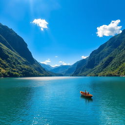 A beautiful landscape featuring a serene lake surrounded by lush green mountains under a clear blue sky