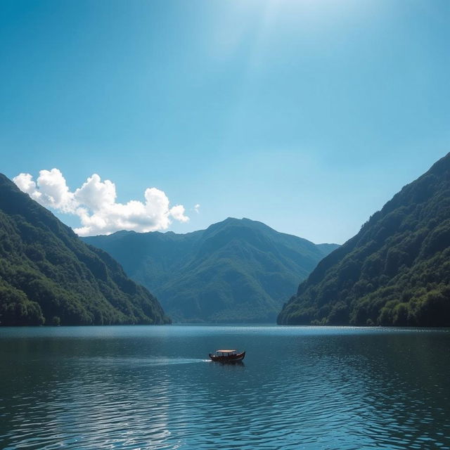 A beautiful landscape featuring a serene lake surrounded by lush green mountains under a clear blue sky