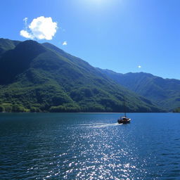 A beautiful landscape featuring a serene lake surrounded by lush green mountains under a clear blue sky