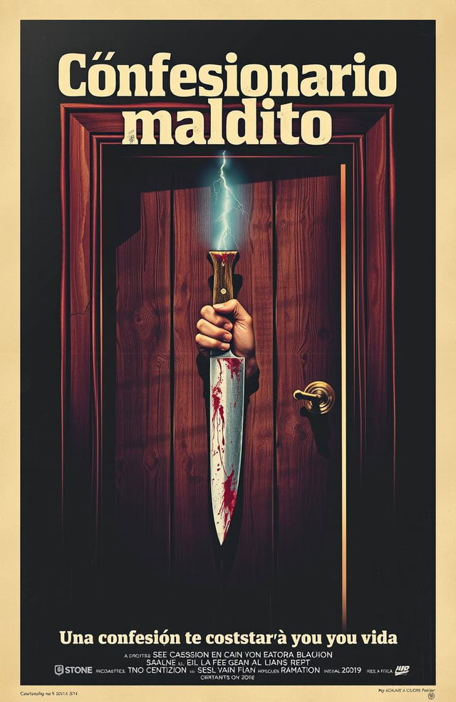 A retro poster for the 1970s Spanish horror movie 'Confesionario maldito' featuring a hand with a bloody knife emerging from a wooden confessional illuminated by lightning