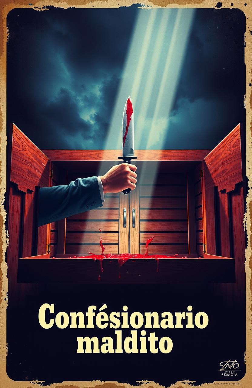 Póster retro de una película de terror española de los años 70 titulada "Confesionario maldito", con un confesionario iluminado por un rayo y una mano con un cuchillo ensangrentado saliendo del interior