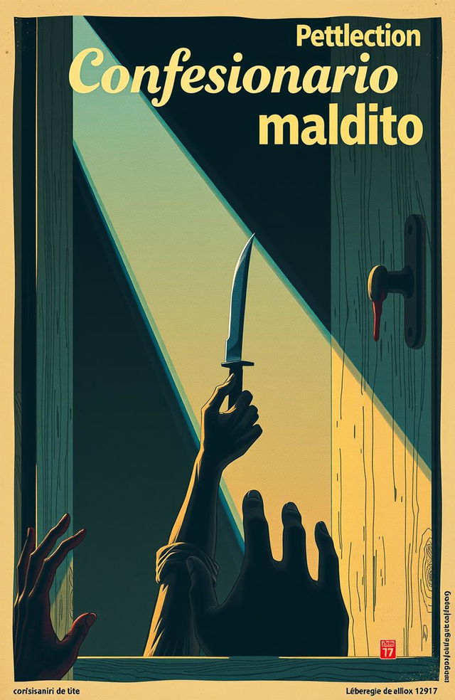 Póster retro de una película de terror española de los años 70 titulada 'Confesionario maldito', con una silueta con un cuchillo sangriento saliendo de un confesionario iluminado por un rayo