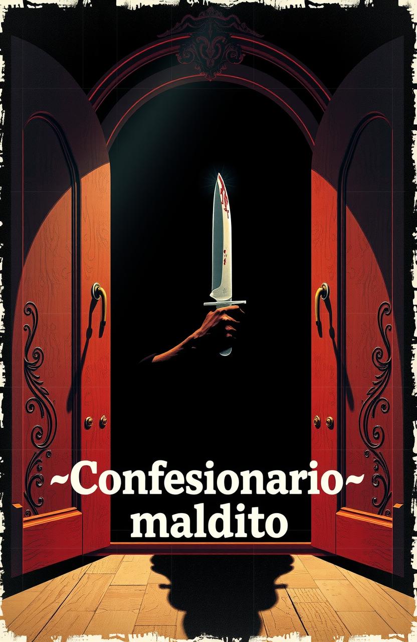 Póster retro de una película de terror española de los años 70 titulada 'Confesionario maldito', con un confesionario iluminado por un rayo y una silueta con un cuchillo manchado de sangre