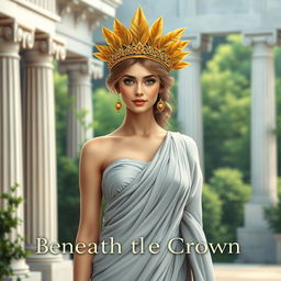 A beautiful Greek princess wearing a golden crown of leaves, standing gracefully