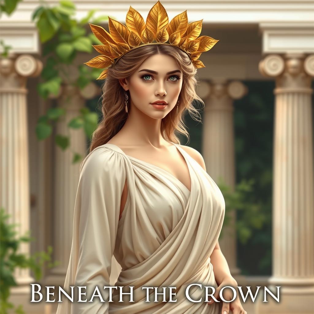 A beautiful Greek princess wearing a golden crown of leaves, standing gracefully