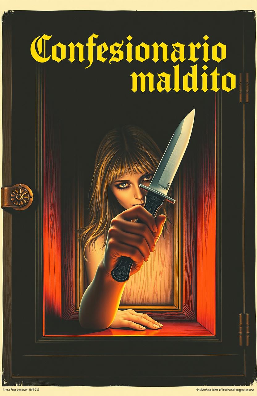 Póster retro de un Giallo de los años 70 titulado "Confesionario maldito", con un confesionario de madera oscura, una silueta con un cuchillo ensangrentado, y un estilo de cartel de cine setentero