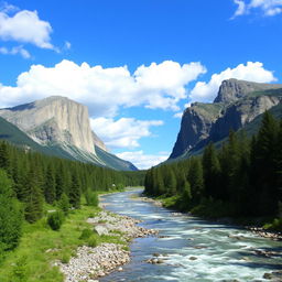 A beautiful landscape with mountains, a river flowing through a lush forest, and a clear blue sky with fluffy white clouds