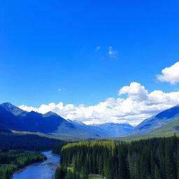 A beautiful landscape with mountains, a river flowing through a lush forest, and a clear blue sky with fluffy white clouds