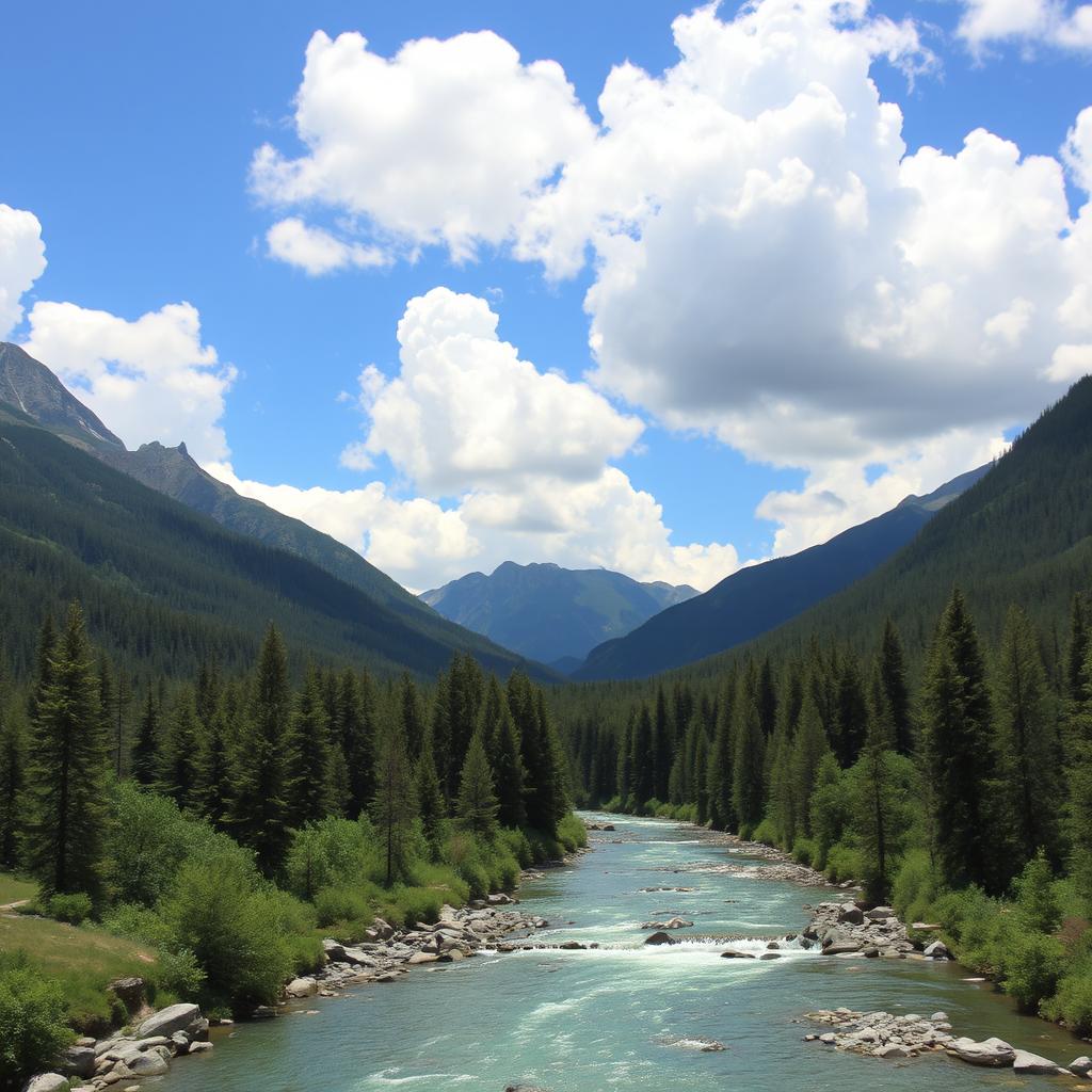 A beautiful landscape with mountains, a river flowing through a lush forest, and a clear blue sky with fluffy white clouds