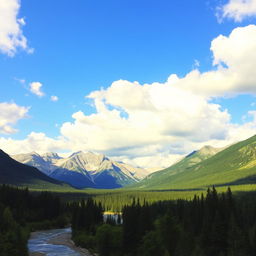 A beautiful landscape with mountains, a river flowing through a lush forest, and a clear blue sky with fluffy white clouds