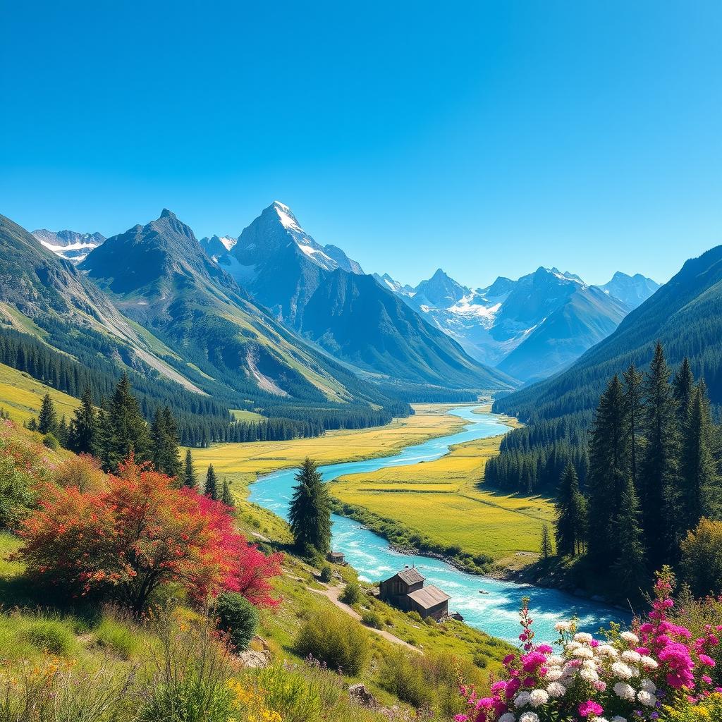 Generate a vibrant and colorful image featuring a serene landscape with mountains, a river, and a clear blue sky